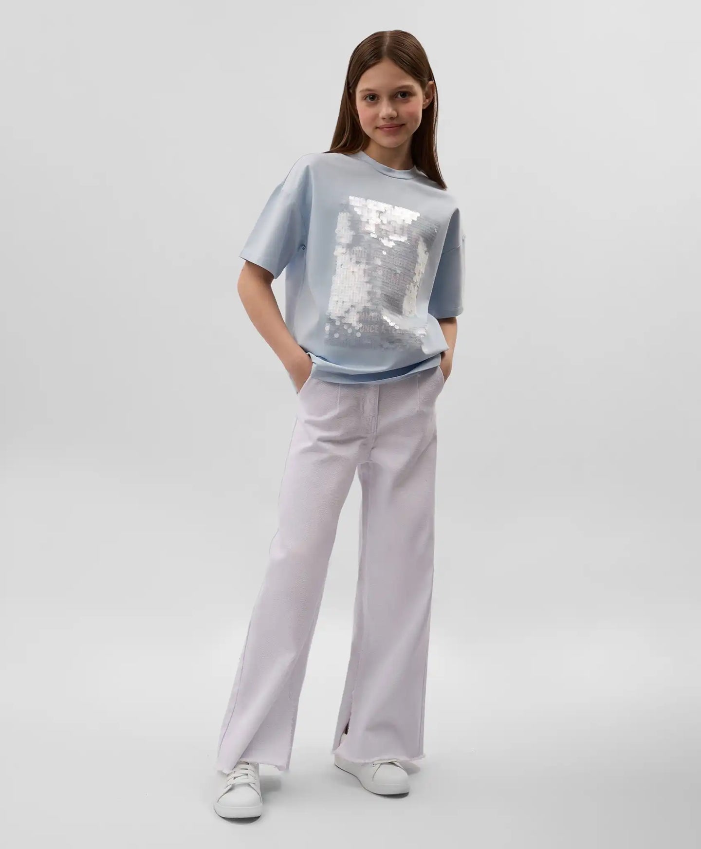 Tricou oversize pentru fată cu decorațiune din paiete transparente, albastru, Gulliver