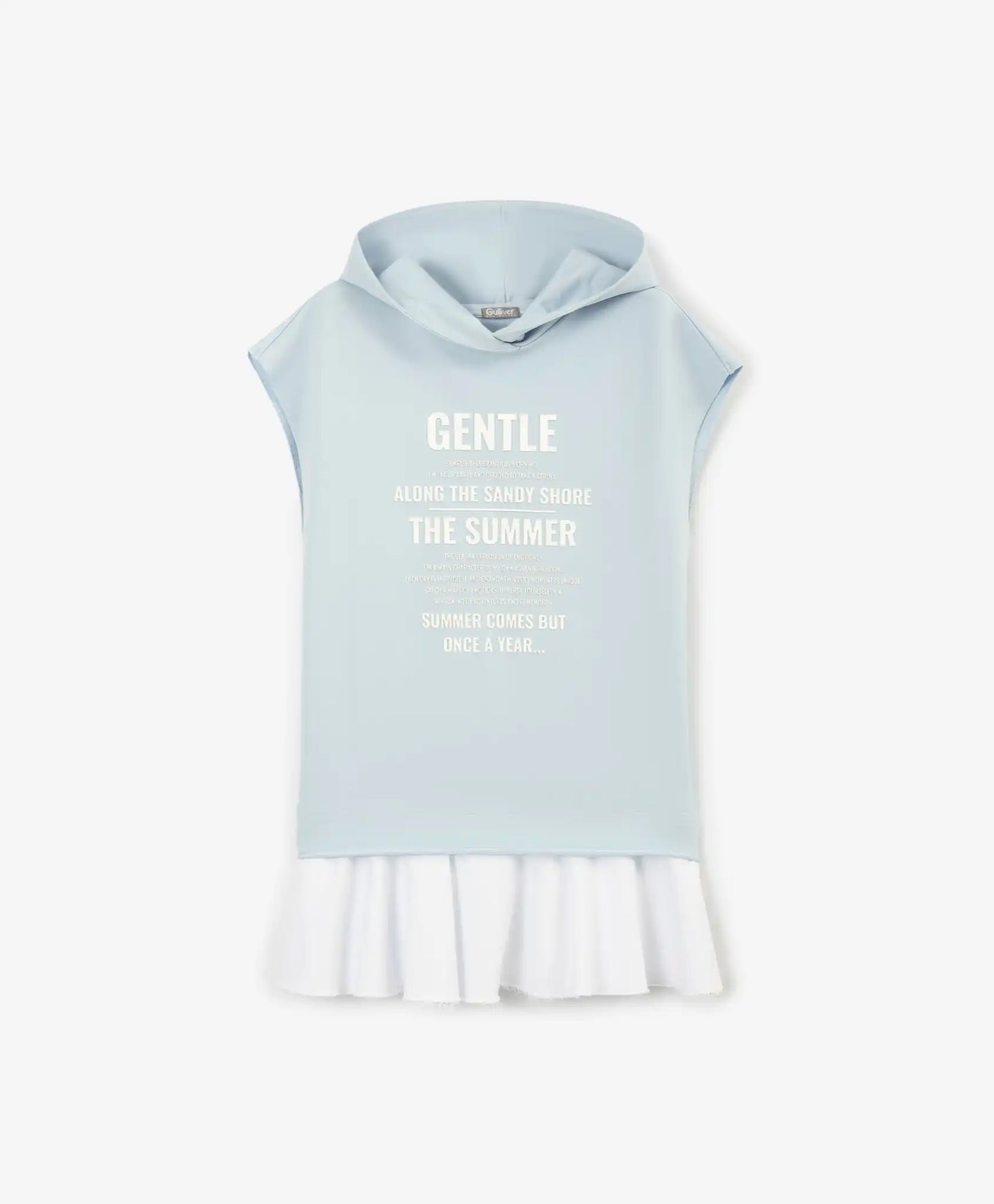 Rochie pentru copii, din tricot, cu glugă, de formă dreaptă și liberă, fără mâneci, albastră, Gulliver.