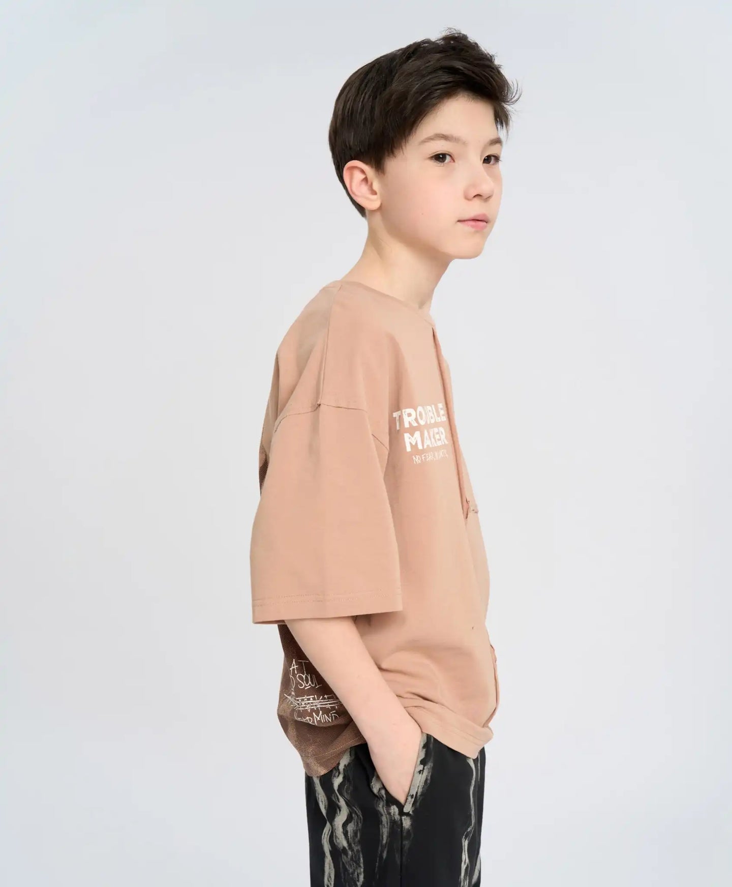 Tricou oversize cu mânecă scurtă pentru băiat, bej, cu imprimeu, Button Blue