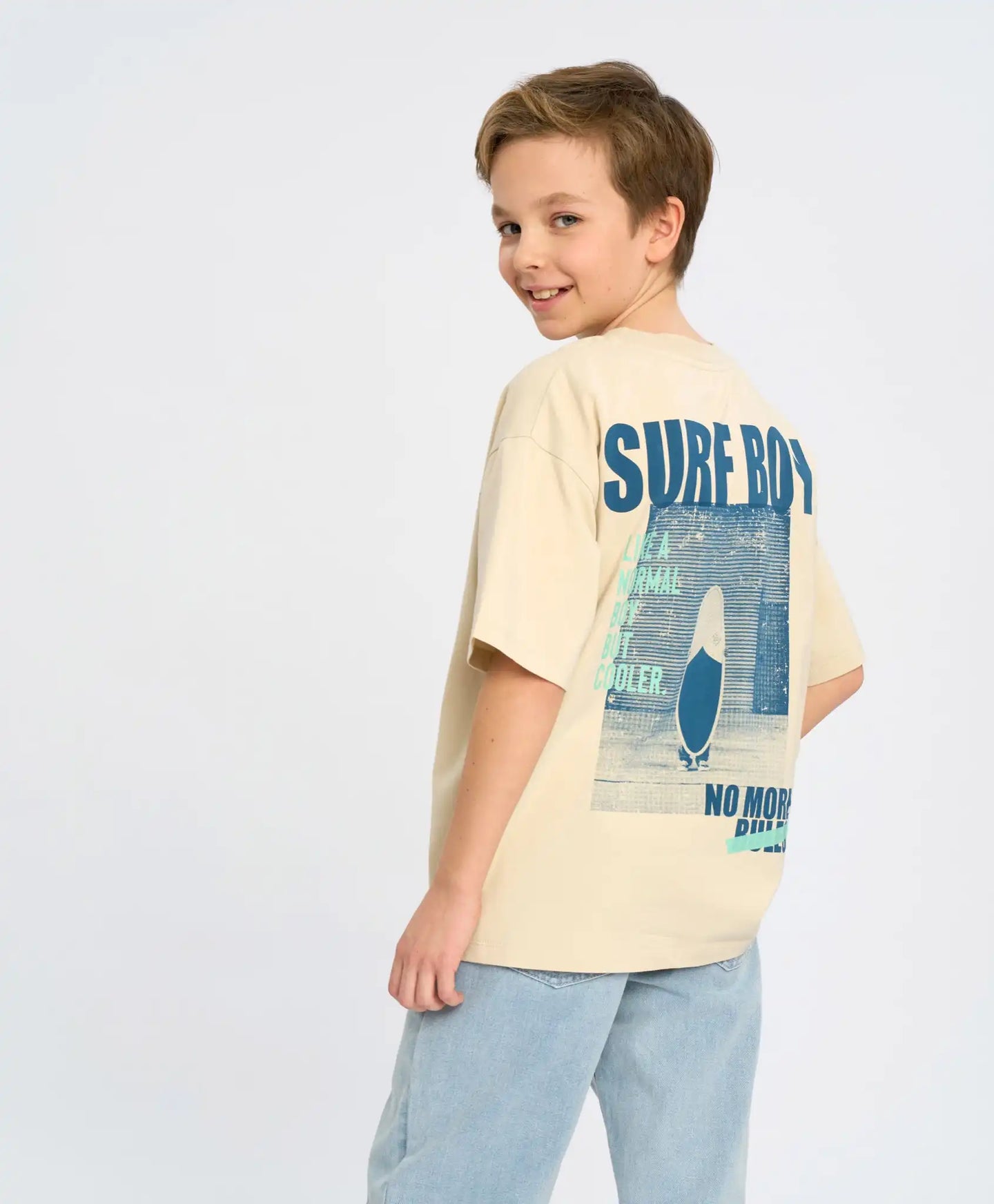 Tricou cu mânecă scurtă pentru băiat, alb lăptos, oversize, cu imprimeu, Button Blue