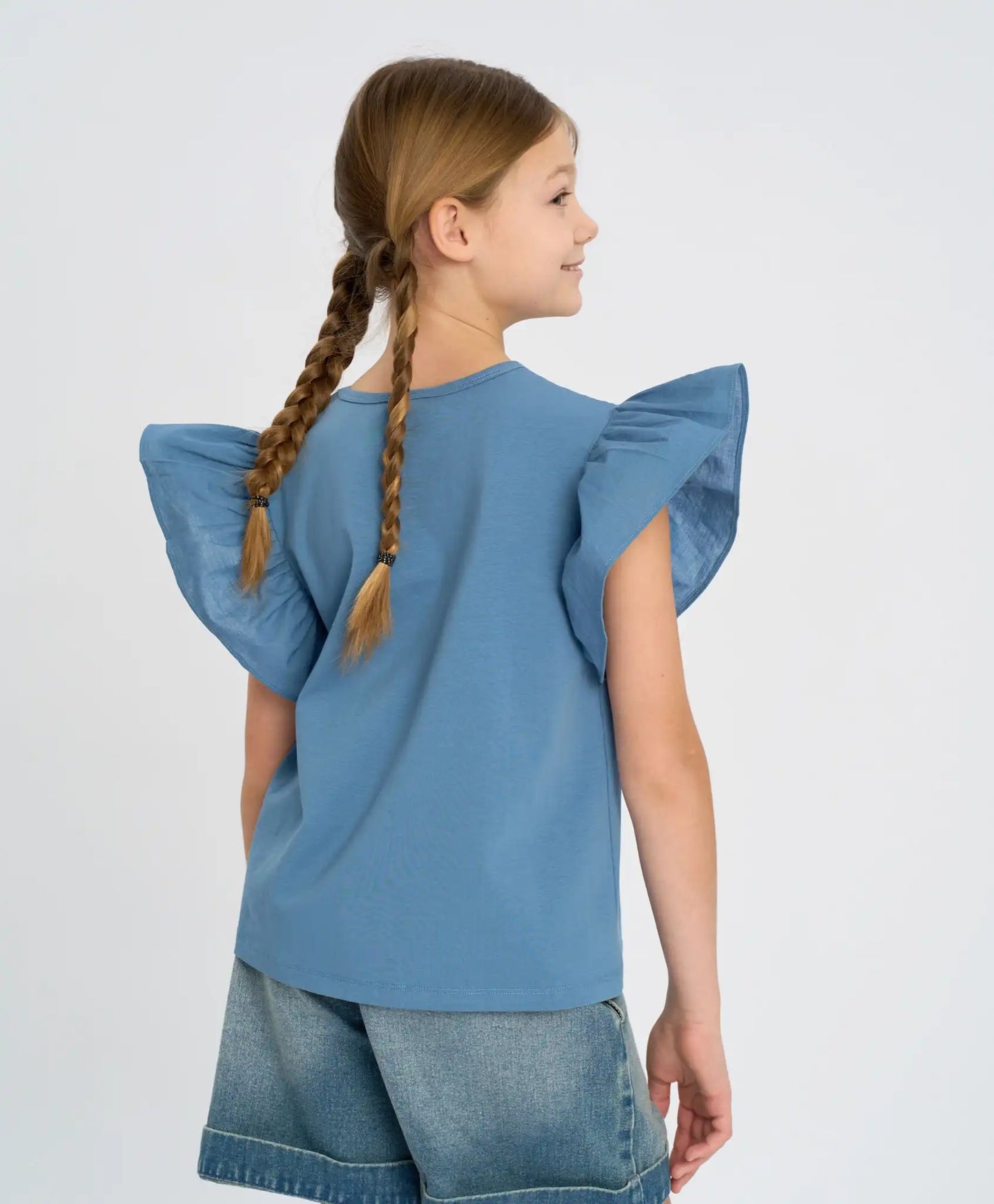 Tricou cu mâneci tip aripi pentru fată, albastru, Button Blue
