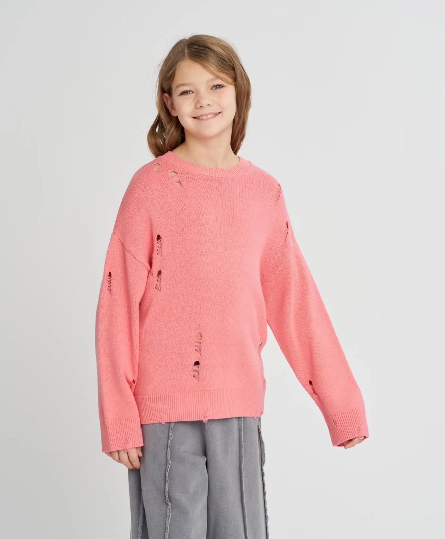 Pulover pentru fete corai cu efect de rupturi, oversized Button Blue