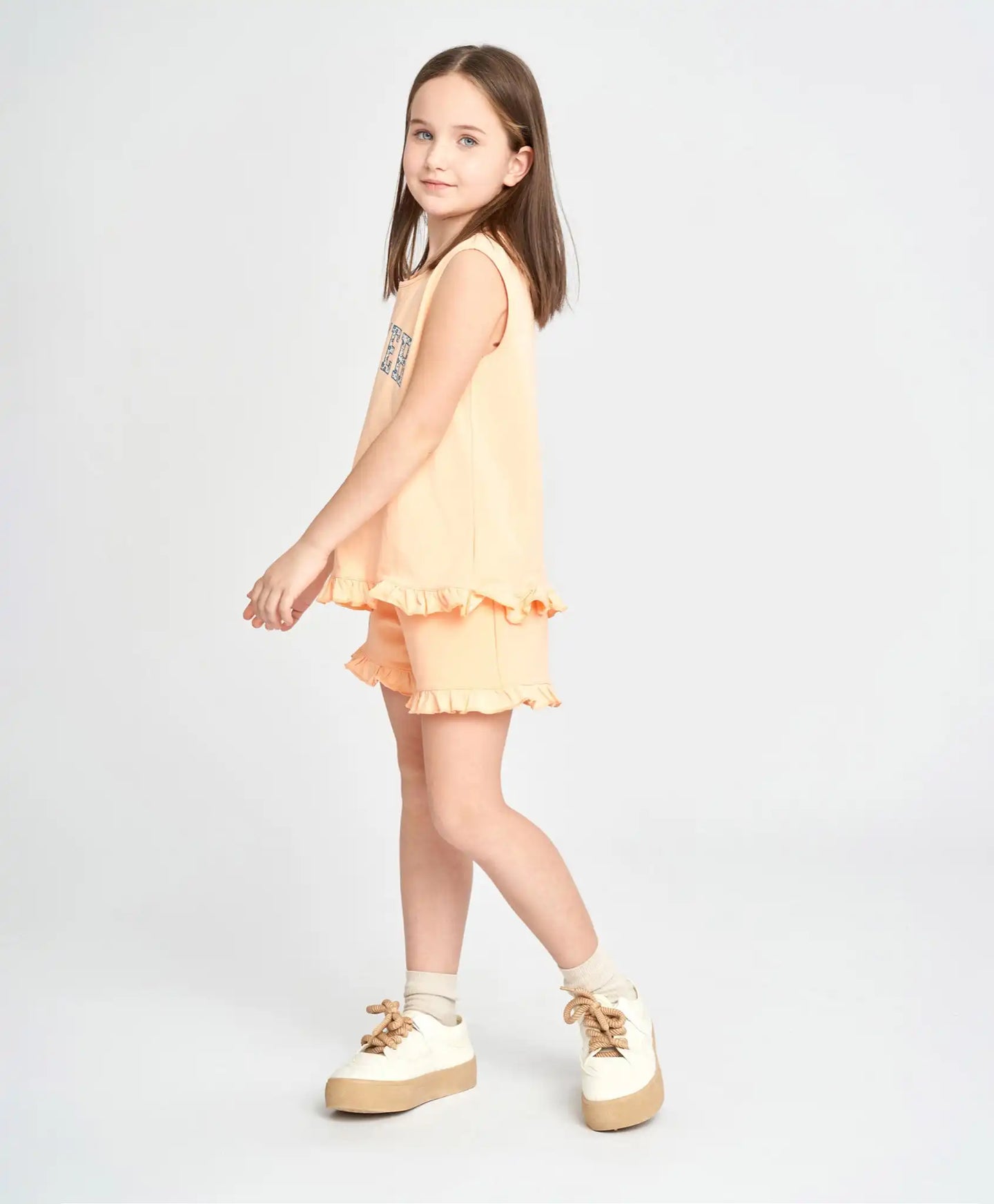 Top portocaliu pentru fete cu ondulații și imprimeu Button Blue