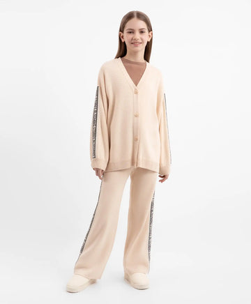 Pantaloni tricot cu dungi laterale, bej, pentru fată, Gulliver