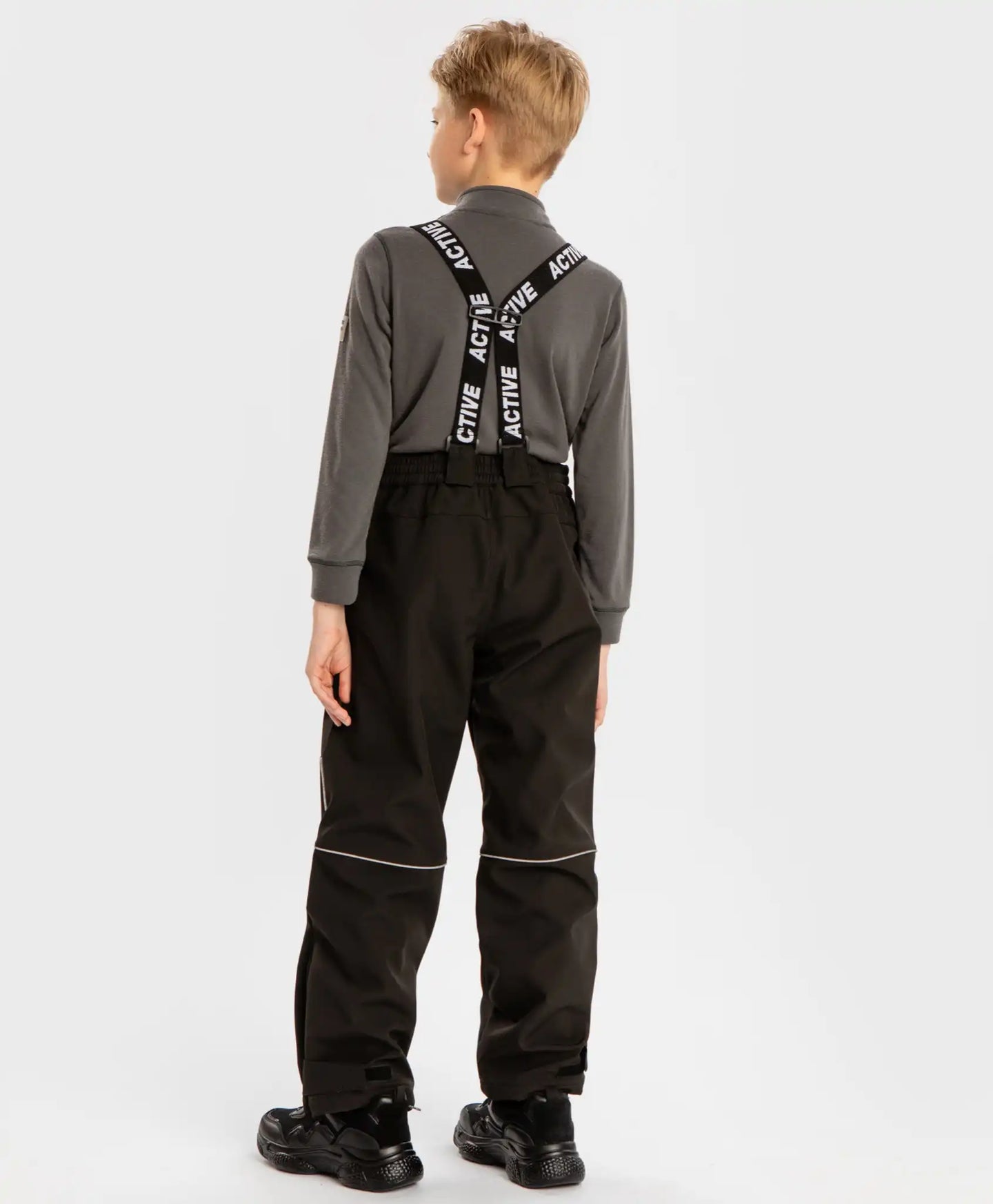 Pantaloni de sezon intermediar, softshell, cu bretele detașabile, negri, pentru copii, Button Blue