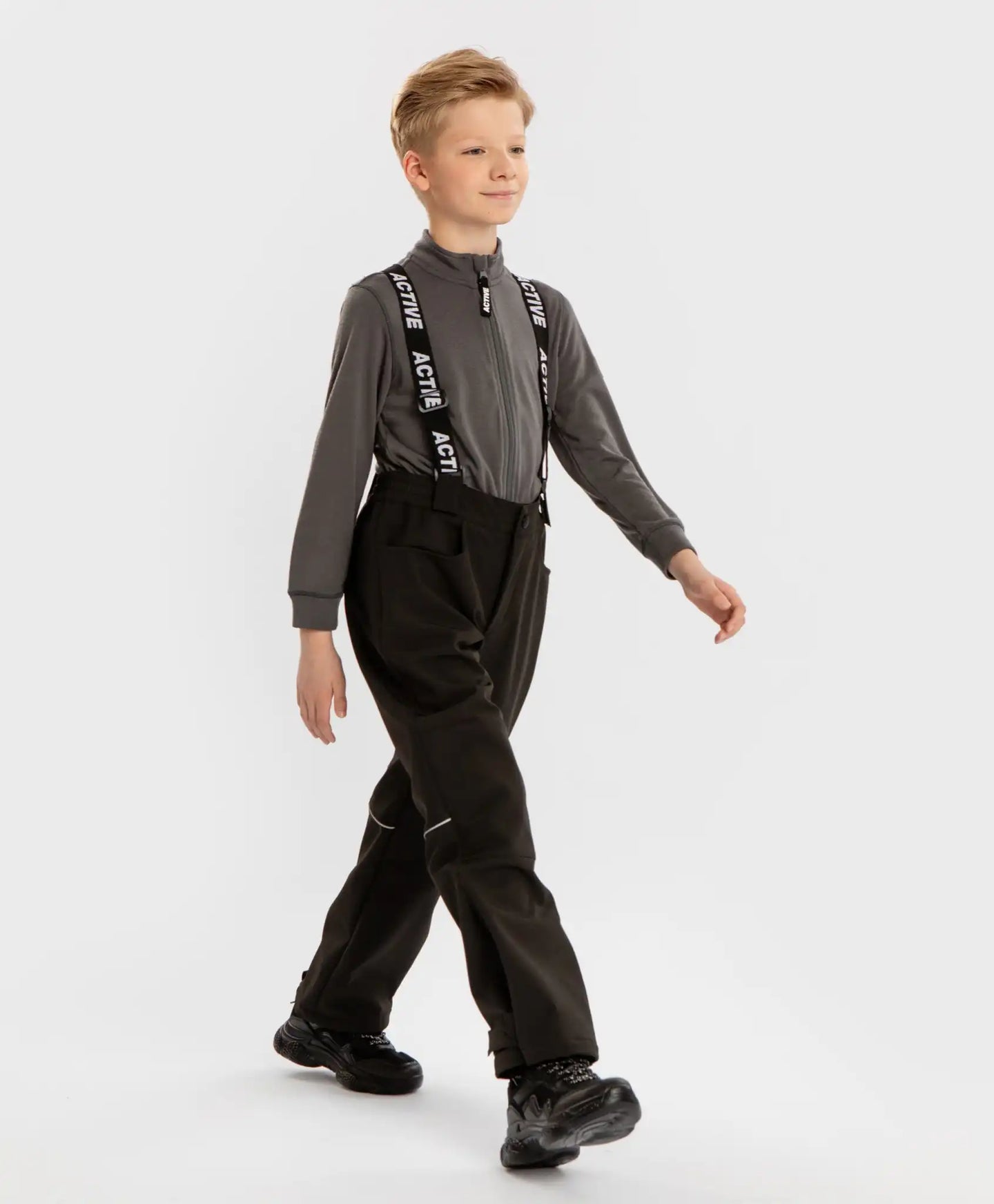 Pantaloni de sezon intermediar, softshell, cu bretele detașabile, negri, pentru copii, Button Blue