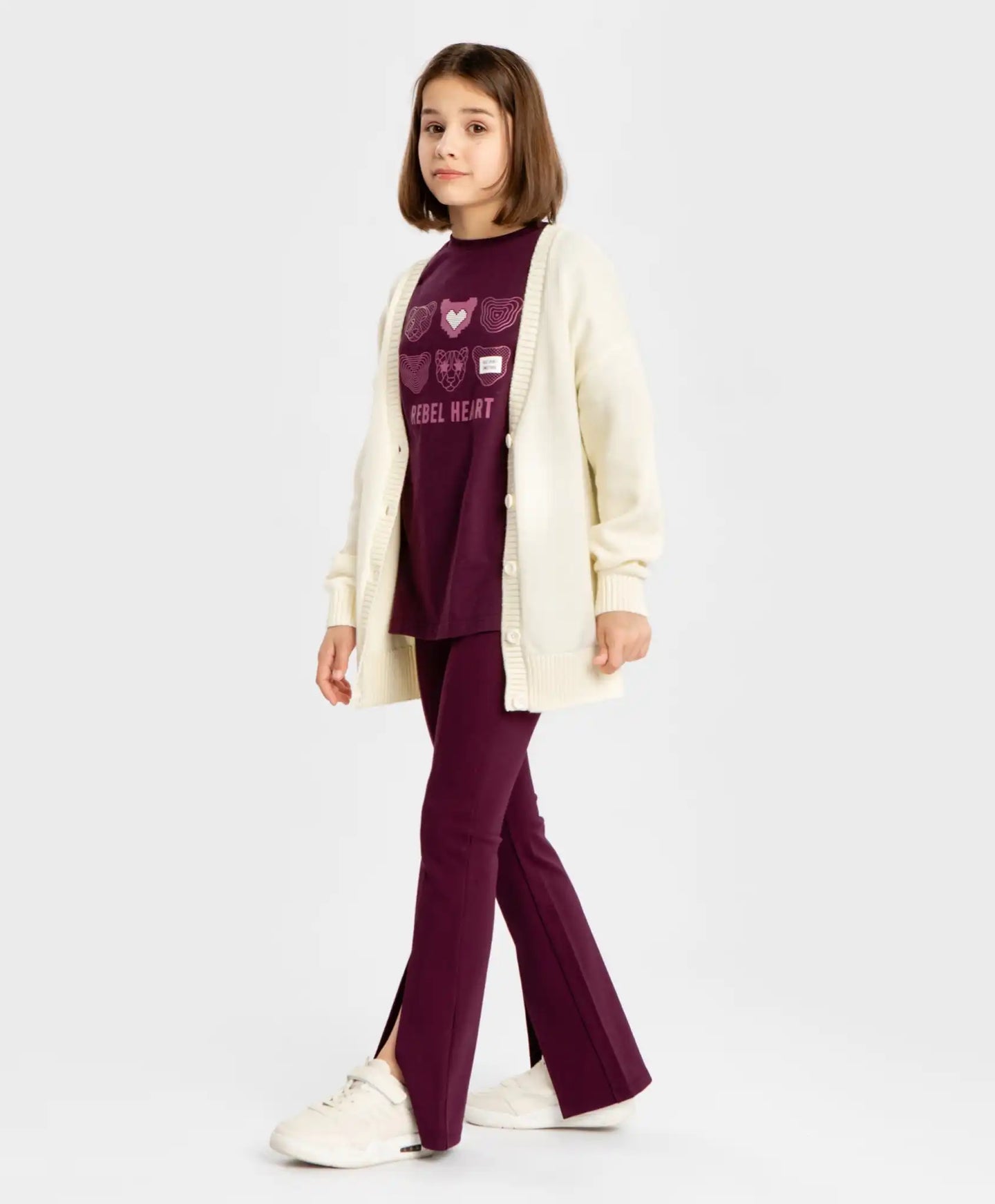 Cardigan cu nasturi și desen pe coate, crem, pentru fată, Button Blue