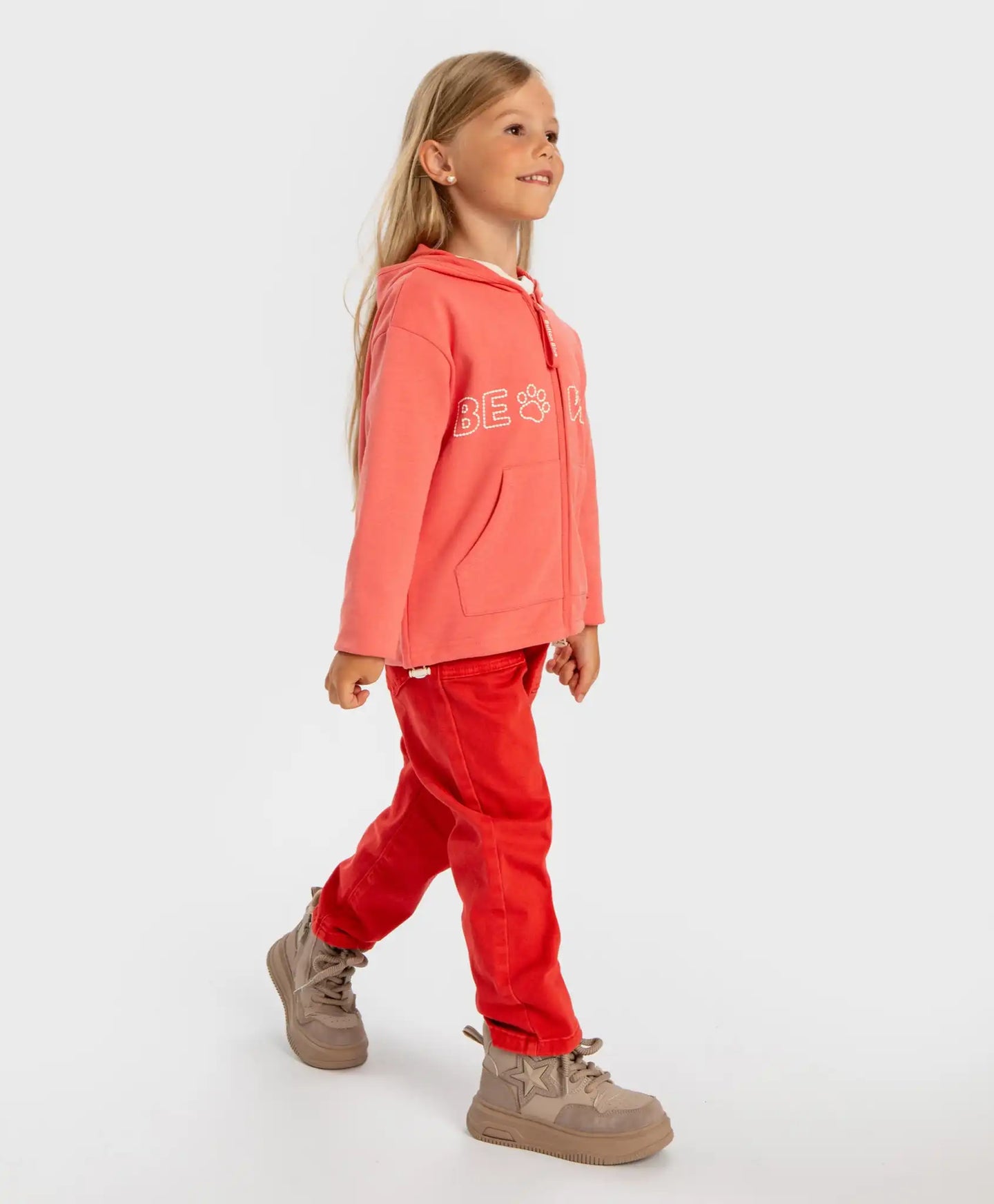 Blugi Mom fit, cu talie elastică și buzunare, corai, pentru fată, Button Blue