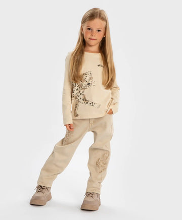 Blugi Mom fit, cu imprimeu leopard, bej, pentru fată, Button Blue