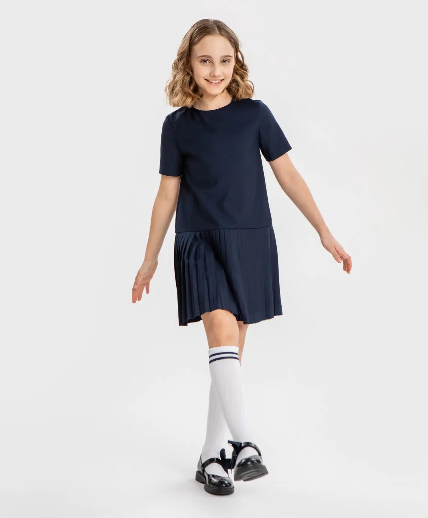 Rochie cu fustă plisată, albastră, Button Blue