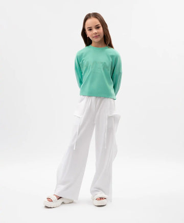 Pantaloni tip „tub” pentru fată, din tricot, cu detalii detașabile, albi, Gulliver
