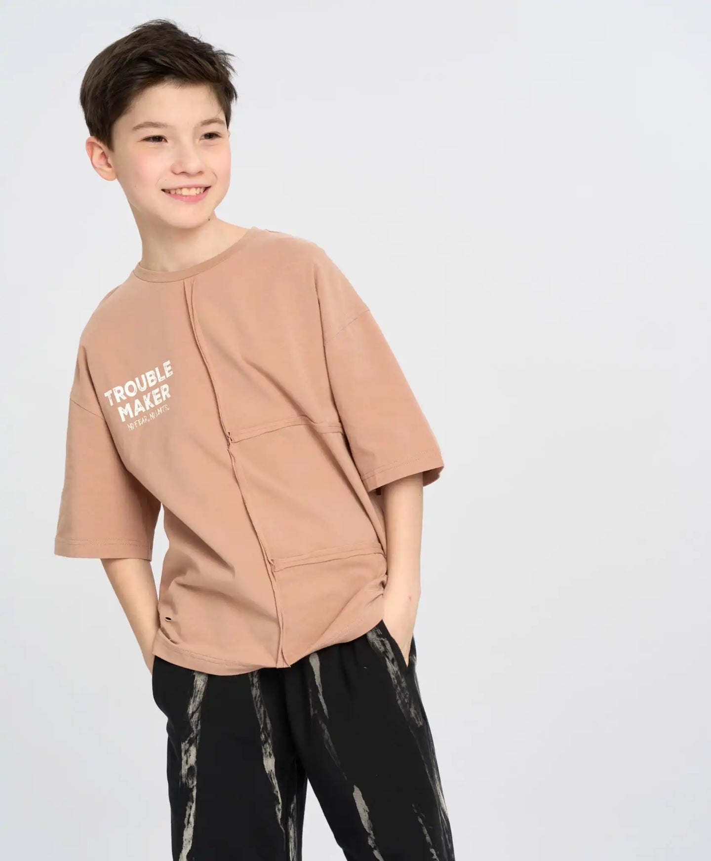 Tricou oversize cu mânecă scurtă pentru băiat, bej, cu imprimeu, Button Blue