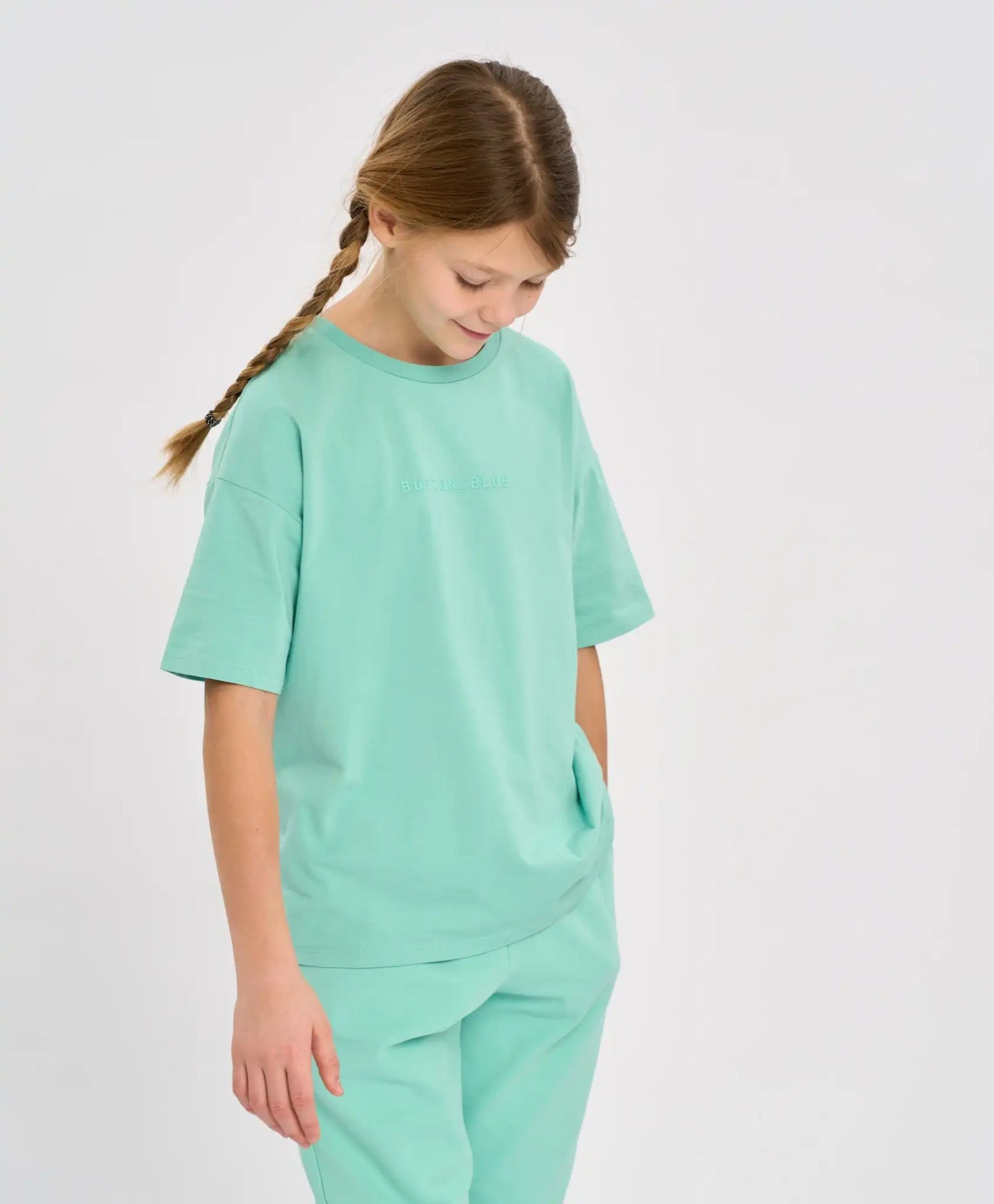 Tricou de bază pentru copii, verde, cu mânecă scurtă, Button Blue