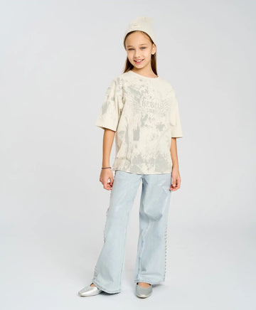 Tricou cu mânecă scurtă pentru fată, alb, oversize, cu imprimeu, Button Blue
