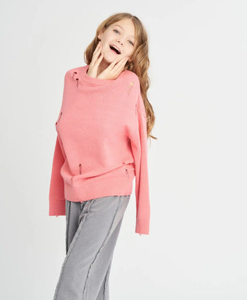 Pulover pentru fete corai cu efect de rupturi, oversized Button Blue