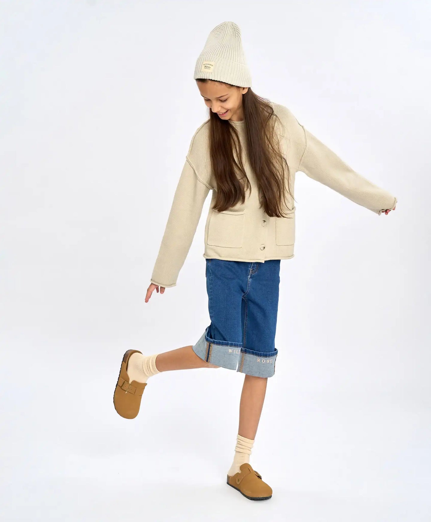 Pantaloni scurți din denim până la genunchi, albaștri, cu imprimeu, pentru fată, Button Blue