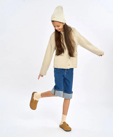 Pantaloni scurți din denim până la genunchi, albaștri, cu imprimeu, pentru fată, Button Blue
