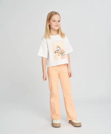 Crop-top tricou pentru fată, alb, cu mânecă scurtă și imprimeu, Button Blue