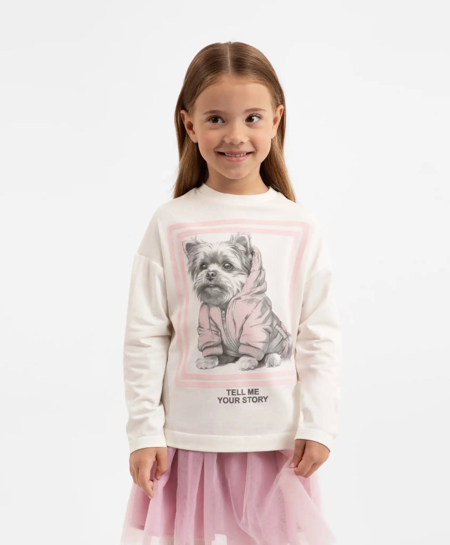 Longsleeve cu decorație mare crem pentru fete Gulliver