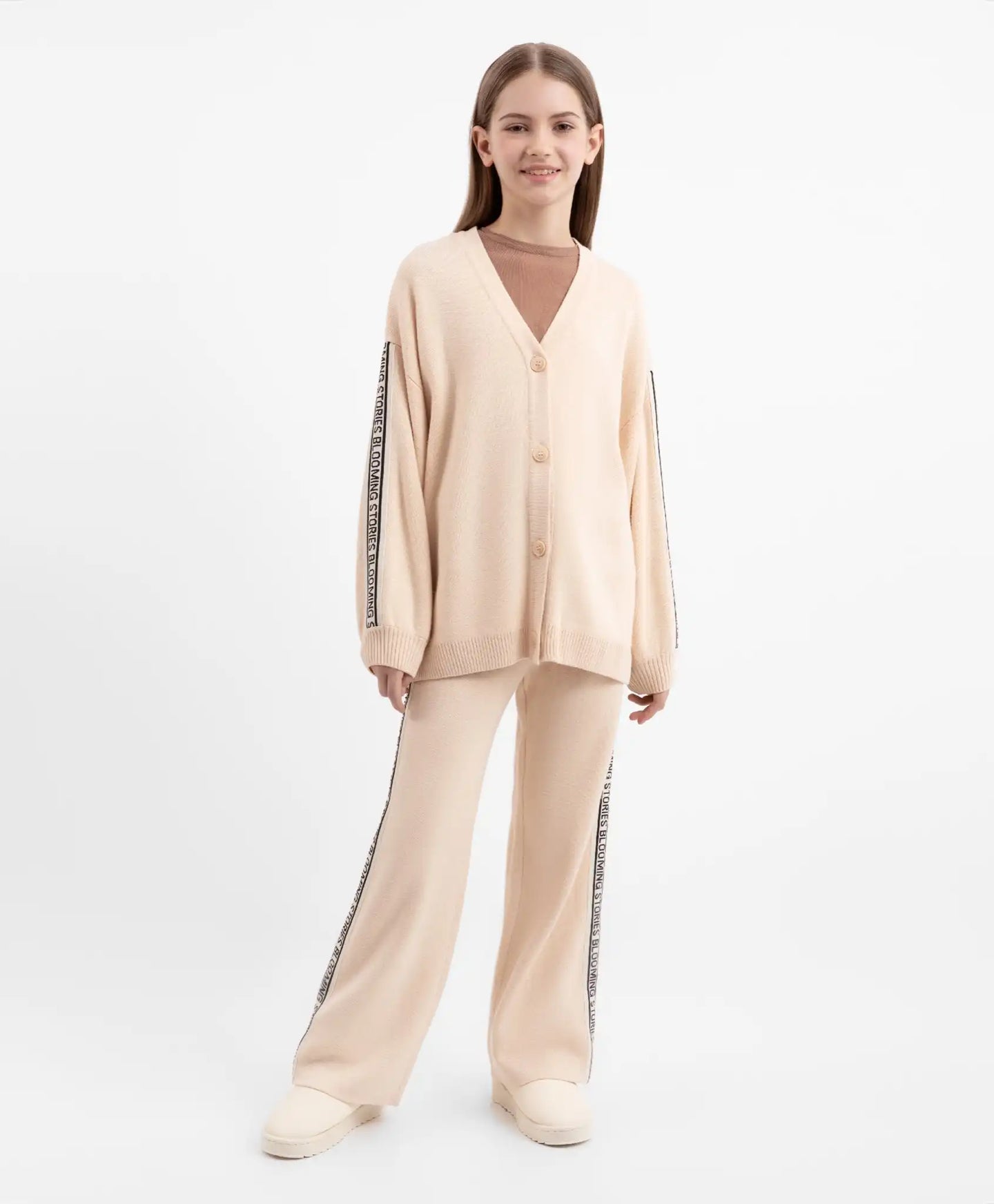 Pantaloni tricot cu dungi laterale, bej, pentru fată, Gulliver
