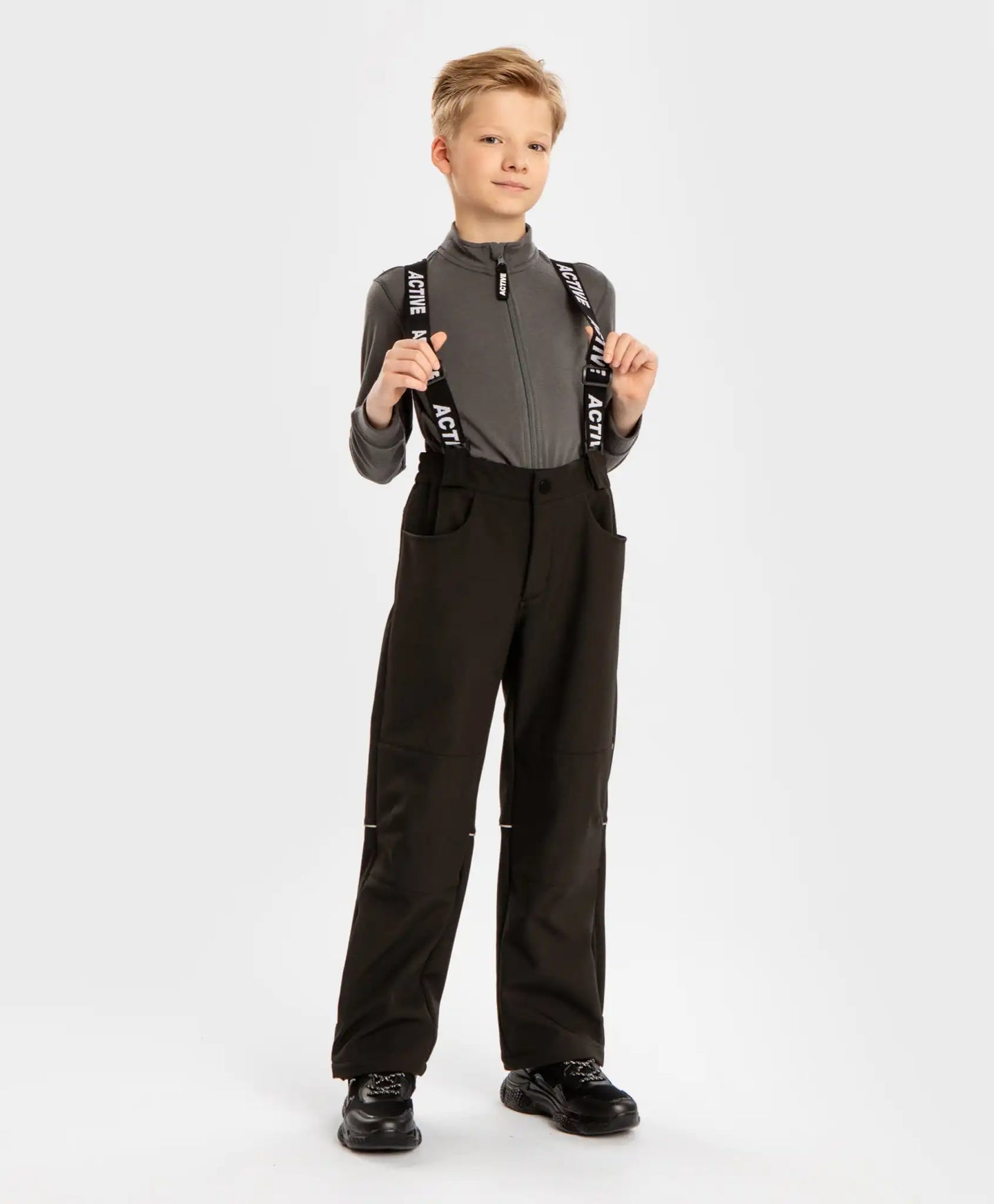 Pantaloni de sezon intermediar, softshell, cu bretele detașabile, negri, pentru copii, Button Blue