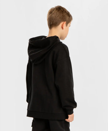 Hoodie cu buzunar mare și glugă negru pentru băieți Button Blue