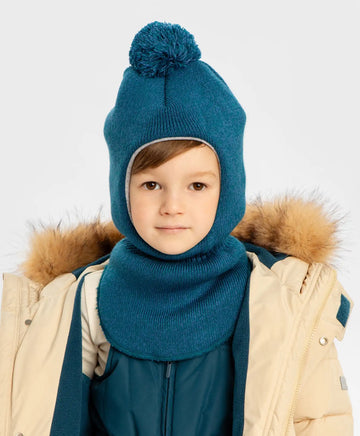 Balaclava căptușită cu pompon albastră pentru copii Button Blue