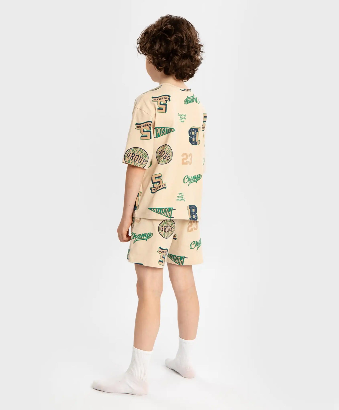 Pijamale cu pantaloni scurți și tricou cu imprimeu, bej, pentru băiat, Button Blue