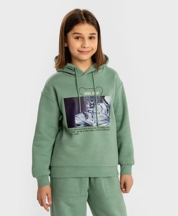 Hanorac oversized cu glugă și imprimeu verde pentru fete Button Blue