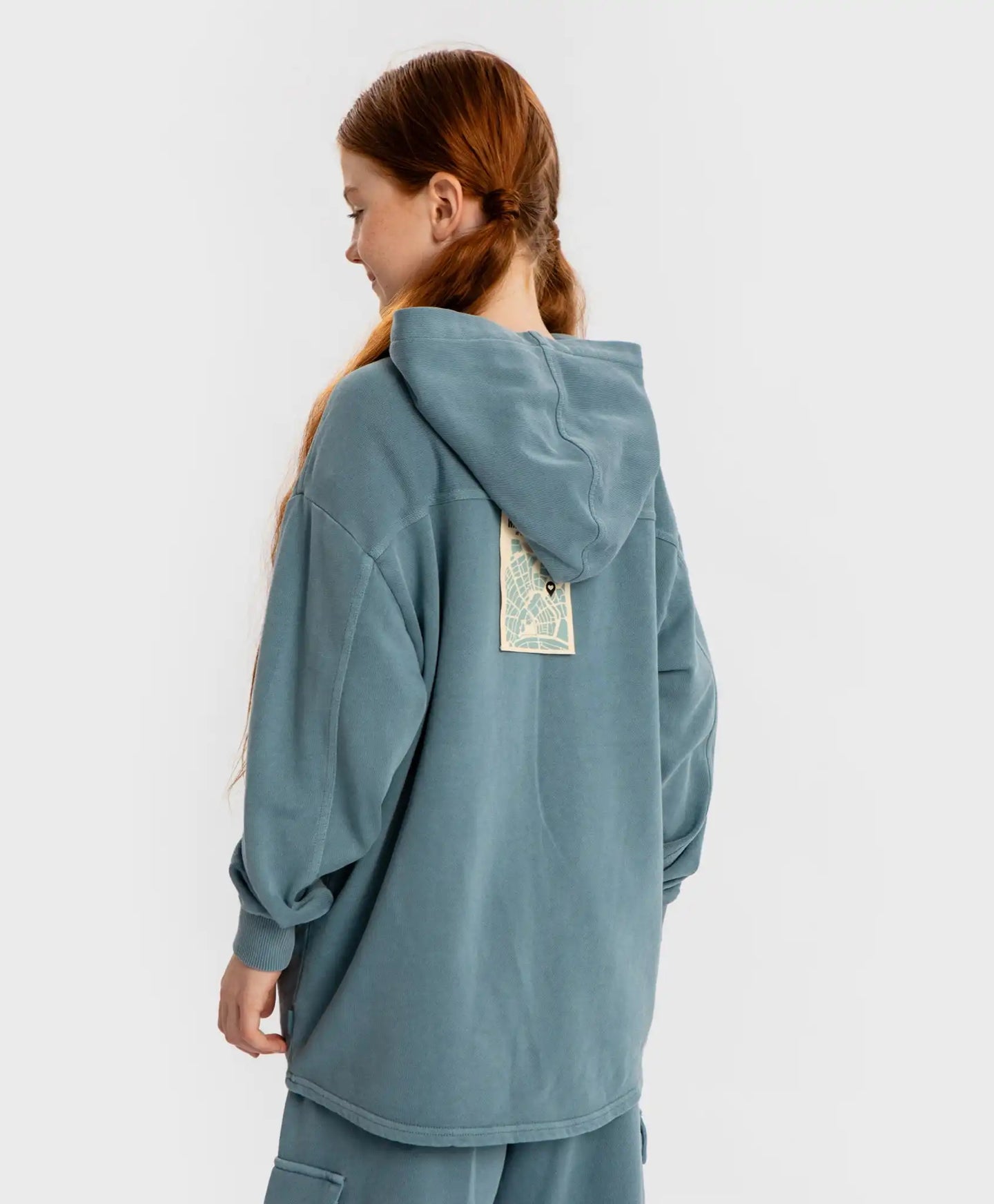 Hoodie oversized cu nasturi, glugă și efect de uzură albastru pentru copii Button Blue