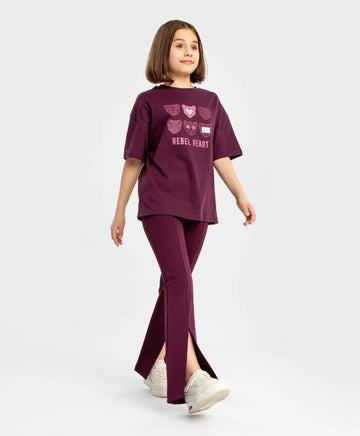 Pantaloni tricot bootcut, cu tăieturi frontale, mov, pentru fată, Button Blue