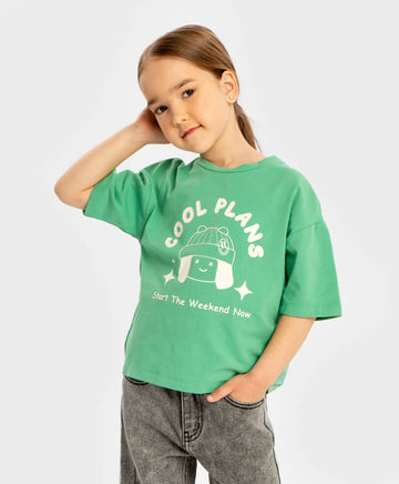 Tricou cu mâneci scurte și imprimeu verde pentru fete Button Blue