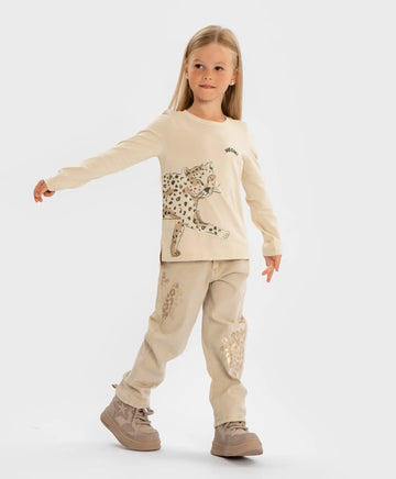 Blugi Mom fit, cu imprimeu leopard, bej, pentru fată, Button Blue
