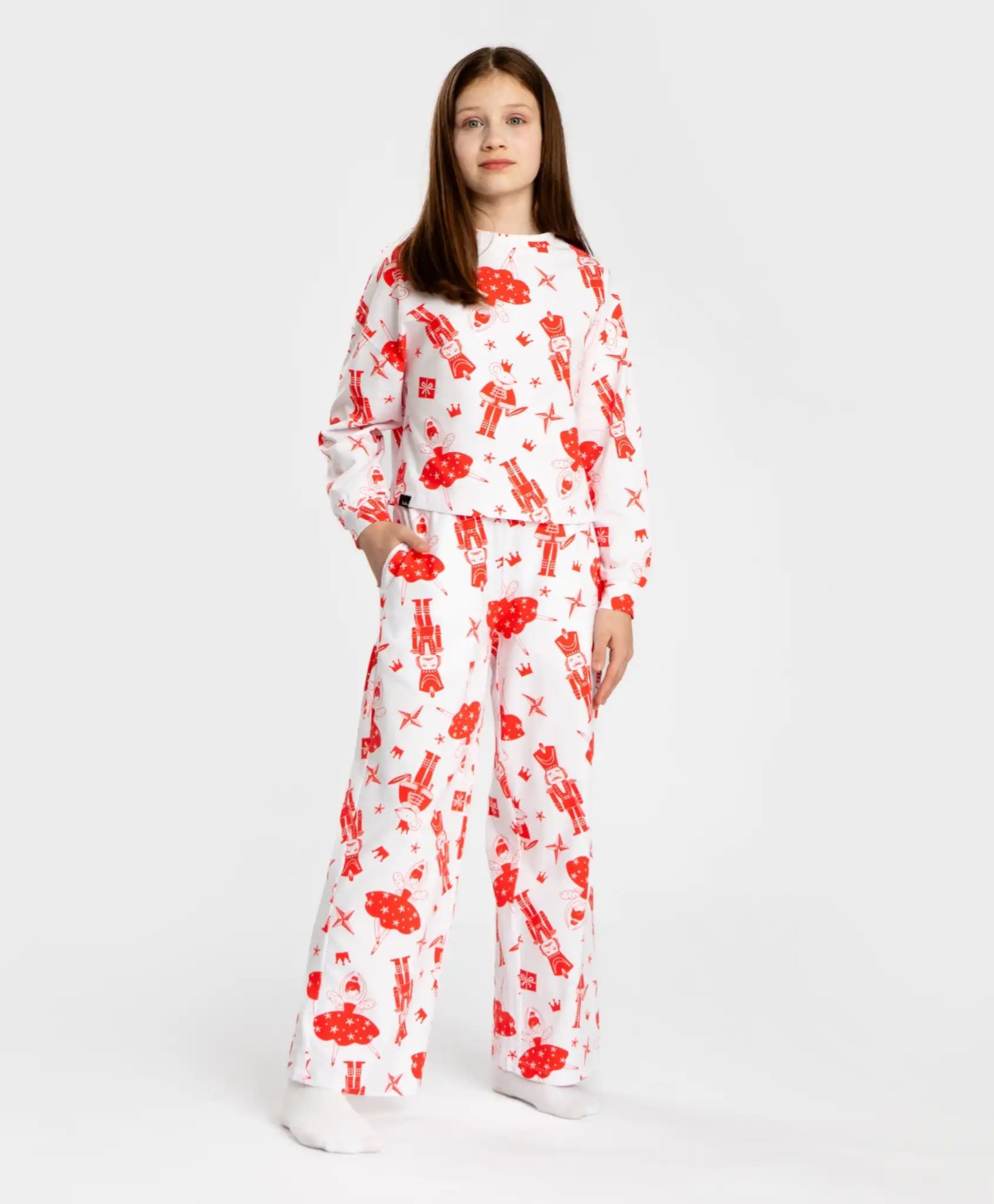 Pijamale cu pantaloni și tricou cu mânecă lungă, imprimeu Spărgătorul de Nuci, pentru fată, Button Blue