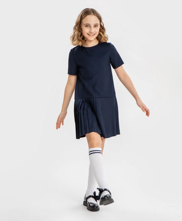 Rochie cu fustă plisată, albastră, Button Blue
